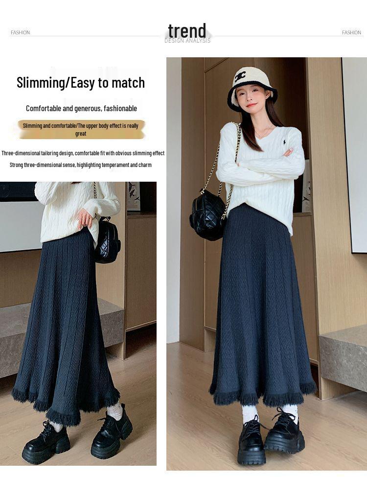 Women's High-Waisted Woolen Tassel Knitted A-Line Midi Skirt for Autumn and Winter