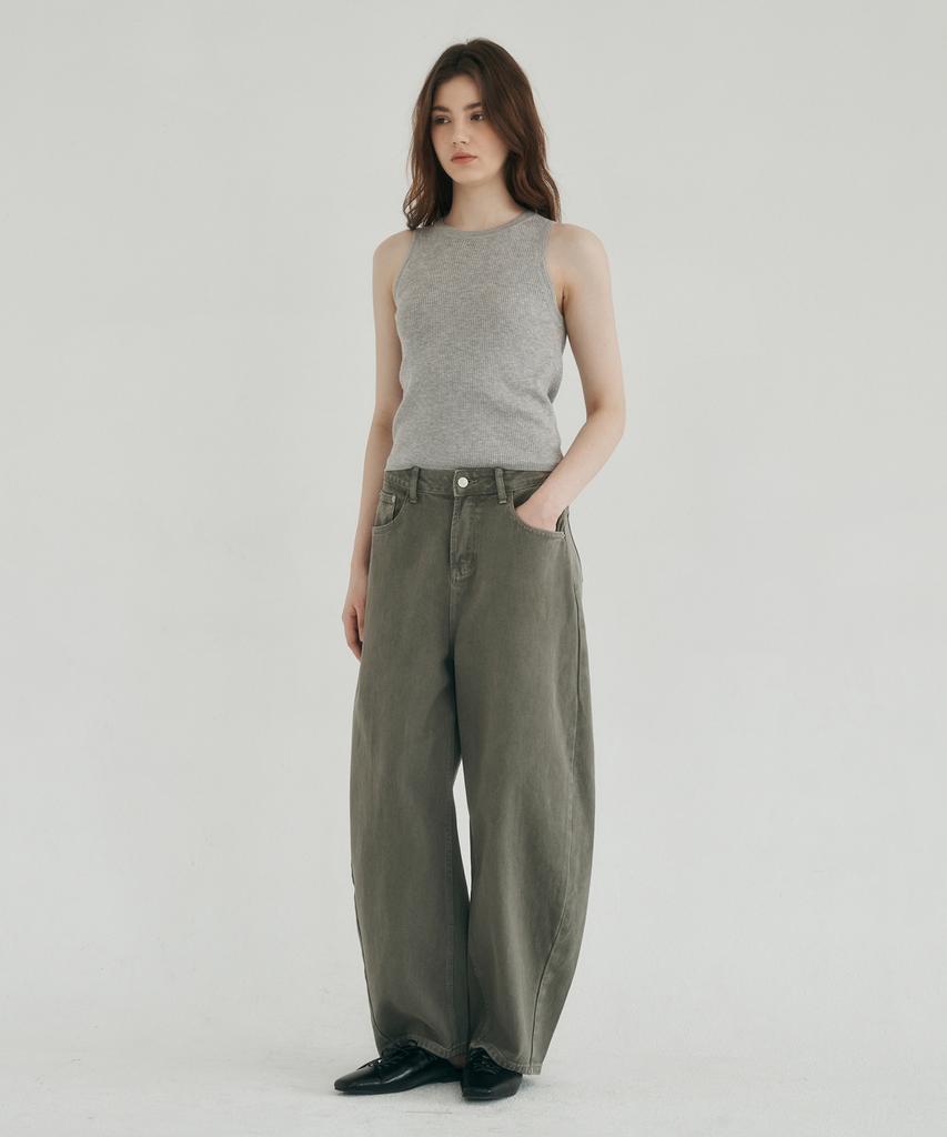 LOSSYROW Curved Wide Denim Pants Khaki