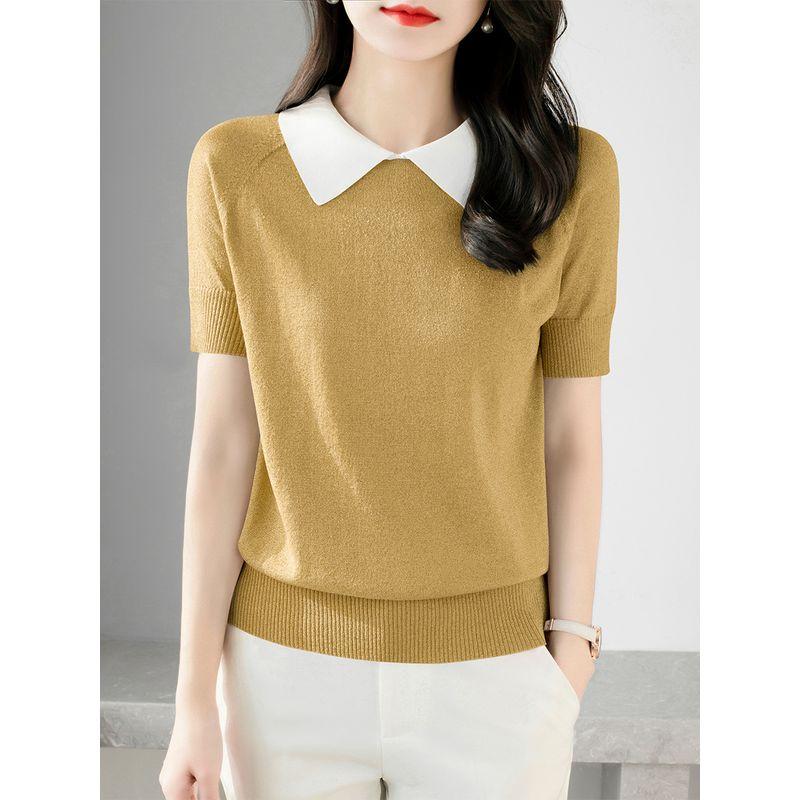 

Лето 2025 Новинка Сиренево-фиолетовый Свободный С коротким рукавом Свитер из ледяного шелка Женская футболка-поло с лацканами Тонкий