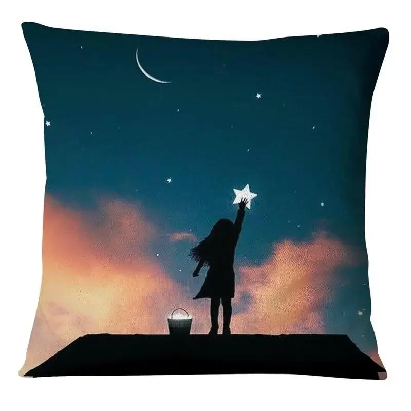 Japanese Style Cartoon Painting Pillowcase Little Girl Sky Print Pillowcase Bedroom Home Decoration Sofa Cushion Cover