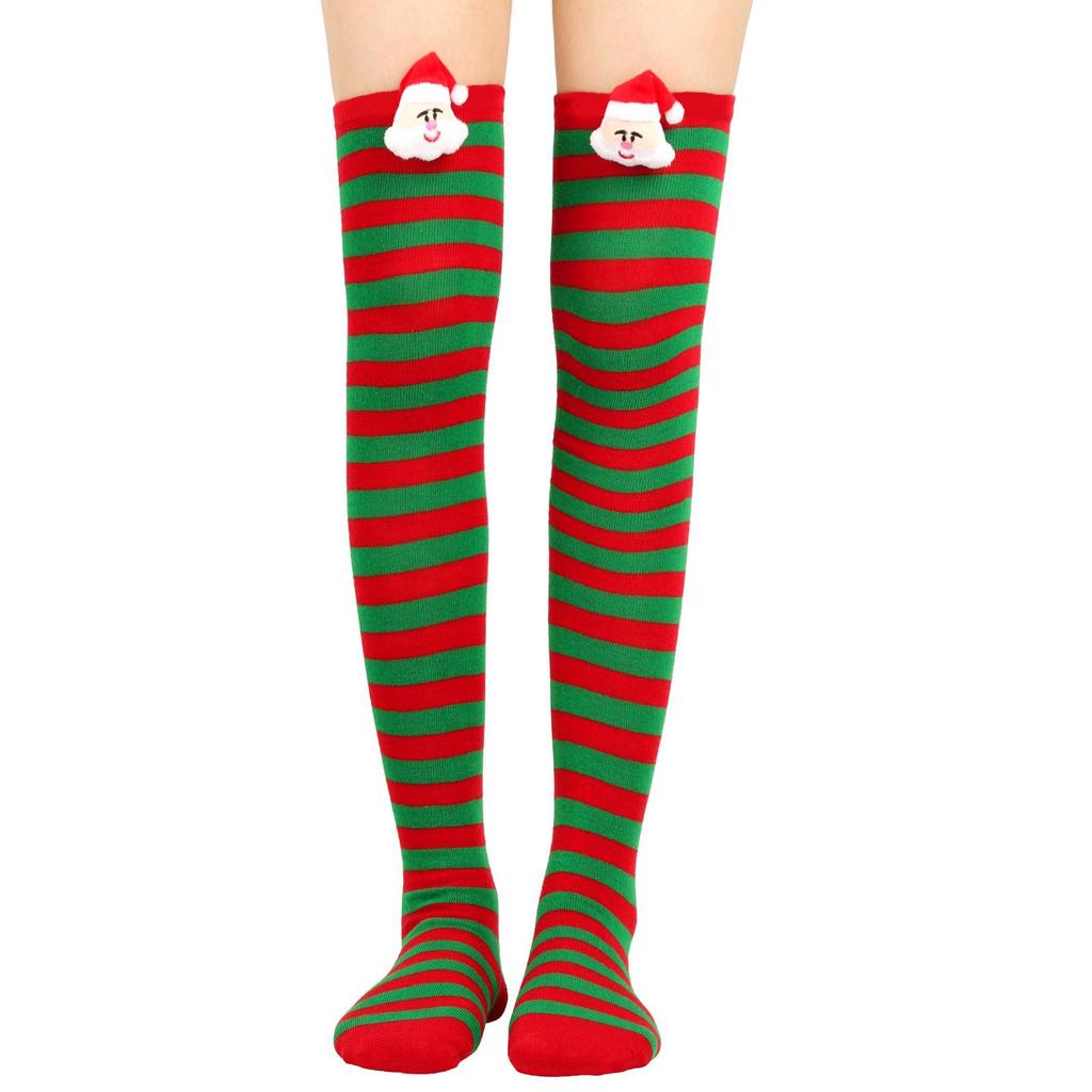 Women's Christmas Striped Thigh High Socks with Santa Claus Doll Design