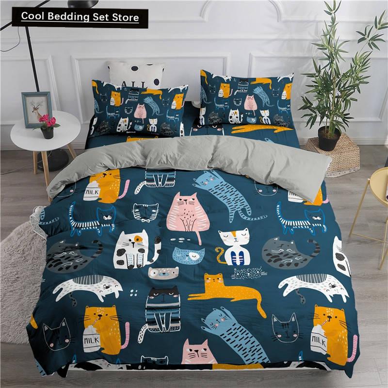 Cartoon Bedding Set Cute Cats Printed 3D Duvet Cover Set Twin Full Queen King Double Sizes Pillowcase Bedclothes Soft Polyester