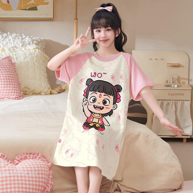 2026 Girls Cotton Nightdress Short Sleeve Pajama Dress Kids Ages 8-14 Soft Breathable Sleepwear