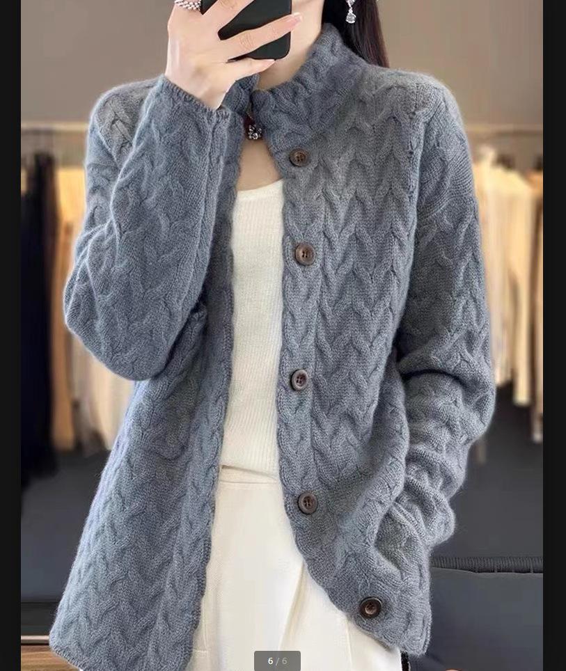 

Женский кардиган свитер крупной кабельной вязки со стойкой - Европейский стиль, Длинный рукав, Свободный крой, Однотонный, Шерсть XXL