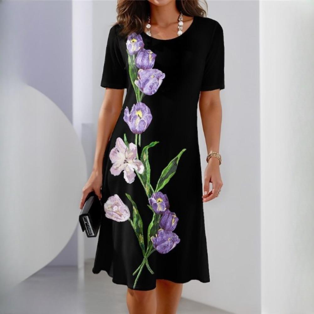 

IHUASU Цветочный принт Модные повседневные свободные женские платья большого размера с круглым вырезом XXXL чёрный/фиолетовый