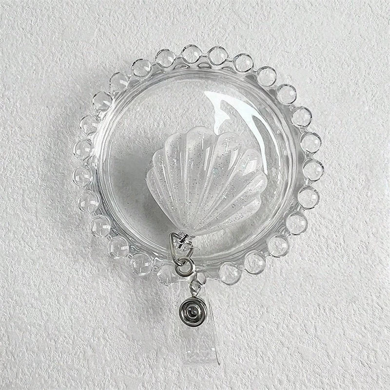 Glitter Seashell Badge Reel Retractable ID Card Badge Holder Name Tag Work Alligator Clip for Teachers Office Staff Nurses