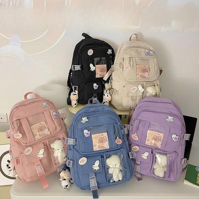 Mochilas para meninas Mochilas escolares fofas para estudantes adolescentes Meninas bolsos Mulheres Mochila para laptop Harajuku Mochila com pingente Desenho animado Bolsa de urso com distintivo fofo