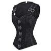 European & American Court Style Black Lace-Up Sleeveless Corset with 12 Steel Bones & Double-Breasted Chain Buttons.