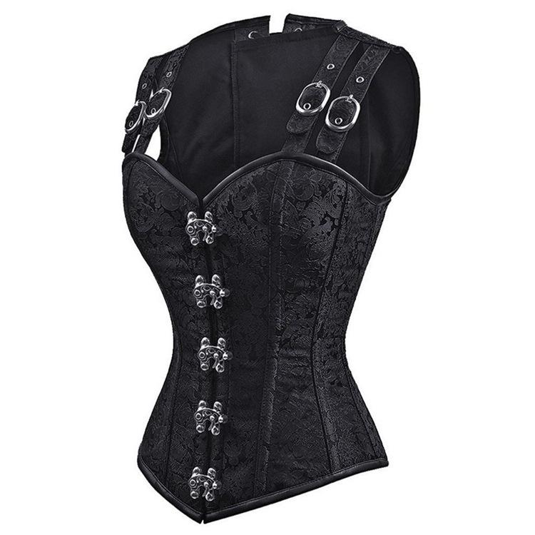 European & American Court Style Black Lace-Up Sleeveless Corset with 12 Steel Bones & Double-Breasted Chain Buttons.