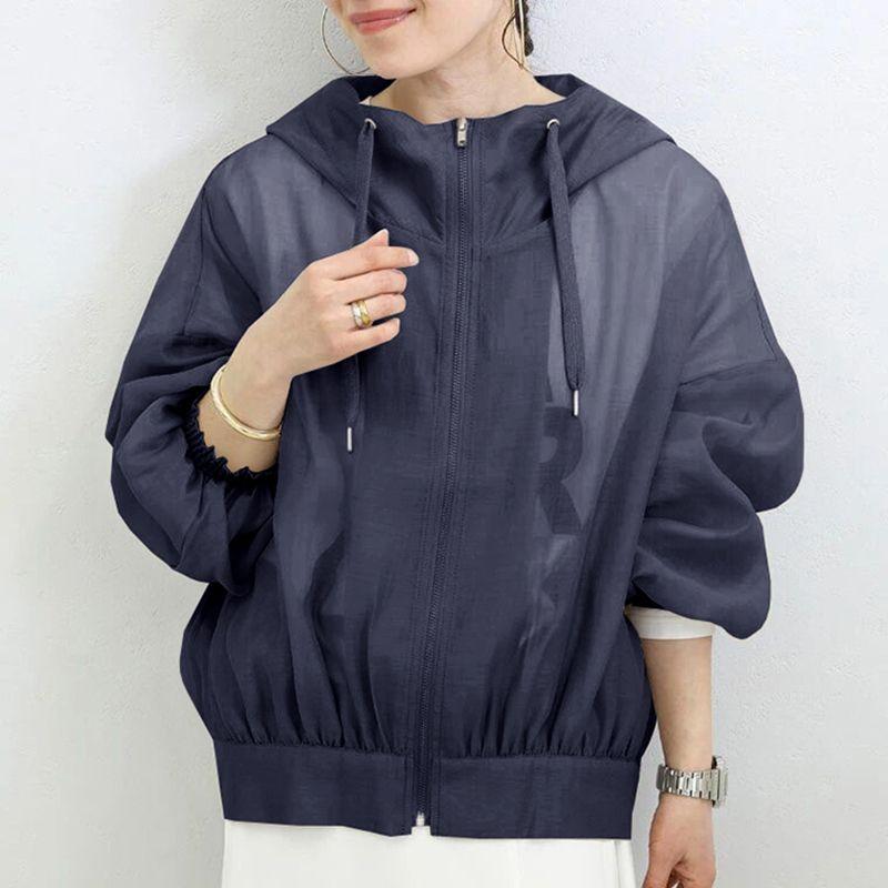 

Japanese and Korean Spring and Summer New White Hood Drawstring Loose Thin Casual Fashion Long sleeve Outerwear Airable Shirt Sun Protection Clothing Navy blue L