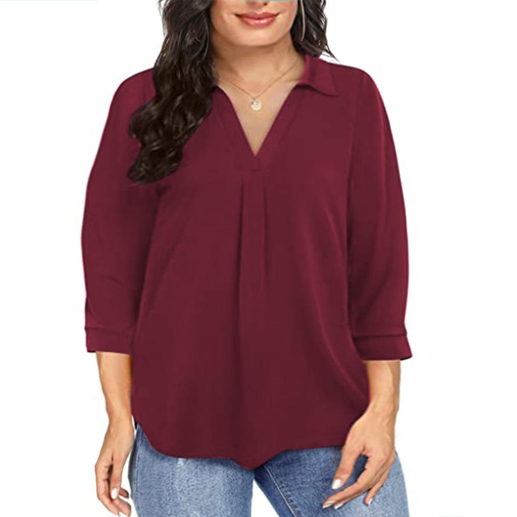 New Chiffon Blouse, Plus Size Loose V-Neck 3/4 Sleeve Casual Top for Women, European & American Style