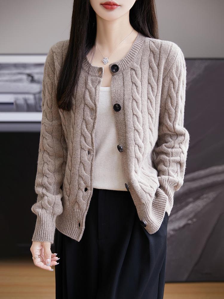 Women's Thickened Round Neck Cable Knit Cardigan - 100% Mercerized Wool, Autumn/Winter, Loose Fit