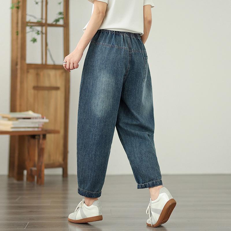 Vintage Style Patch Jeans Fashion Print Loose Summer Cropped Pants Female Casual High Waist Women Denim Pants 2025 New