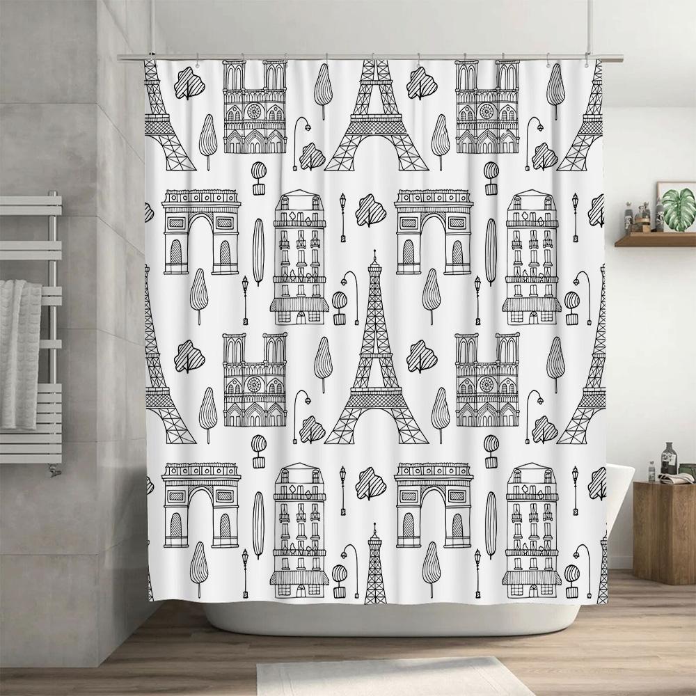 Vintage Parisian Sketch Shower Curtain Featuring Eiffel Tower, Notre Dame Cathedral Arc De Triomphe Black White Decor For Bathro