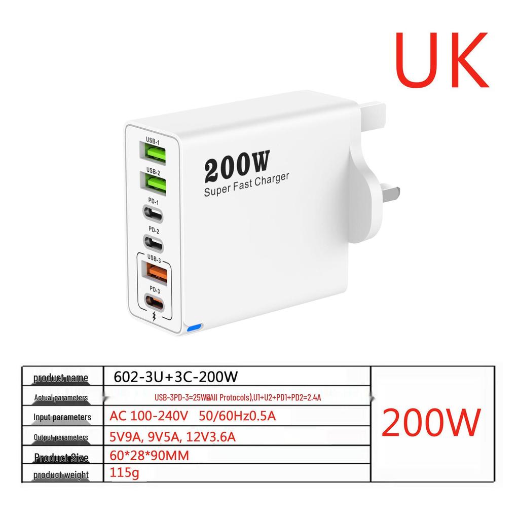 200W Multi-Port Charger - 3 USB & 3 PD Ports, Six-in-One Fast Charging for Phones (5V 2.4A), EU/US/UK Compatible