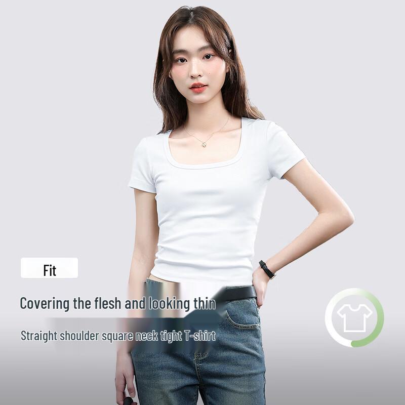 MJ STYLE Women's Square Neck Slim-Fit Short Sleeve T-Shirt