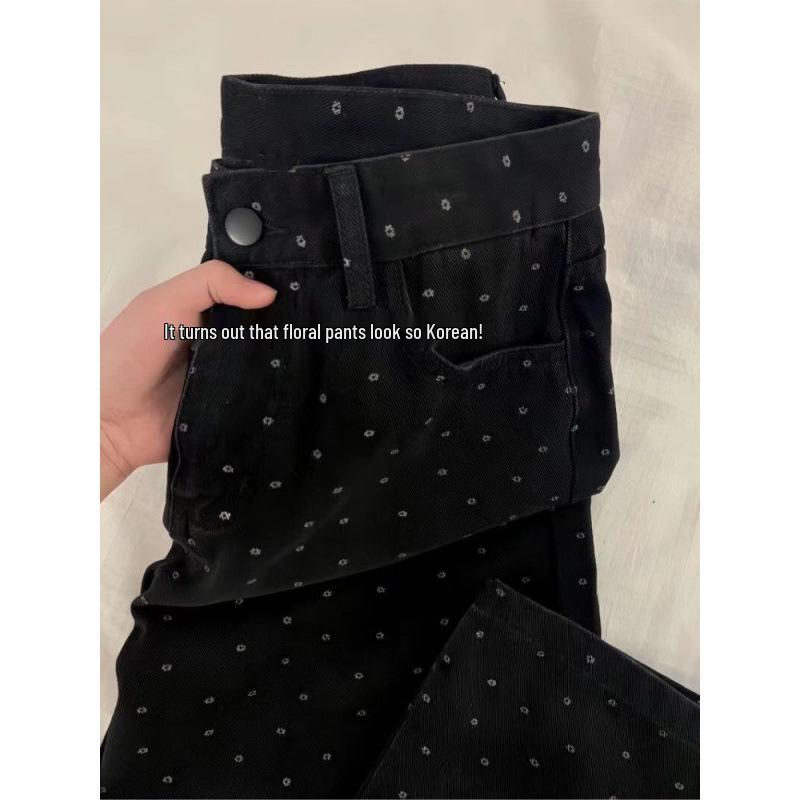 Plus Size Retro Polka Dot High Waist Wide Leg Jeans for Women - Slimming Floral Design, Spring/Autumn