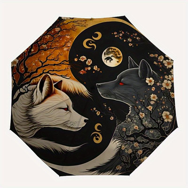 

1pc Wolf Moon Compact Travel Umbrella, Automatic Folding Lightweight Windproof 8-Bone Reinforced Design, Portable for Backpack Durable Canop