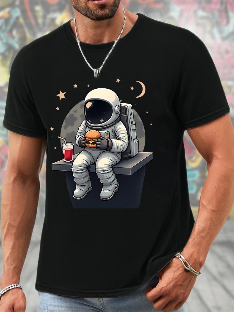 Unisex O Neck Tee Astronaut Burger Cartoon Print Cotton Short Sleeve Loose Summer Street Breathable Daily Casual Basic Wear Top
