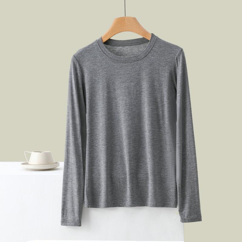 Women's Crew Neck Long Sleeve Tee Slim Fit Commuter Casual Top Solid Rayon Spandex Summer Undershirt Basic Layering Shirt