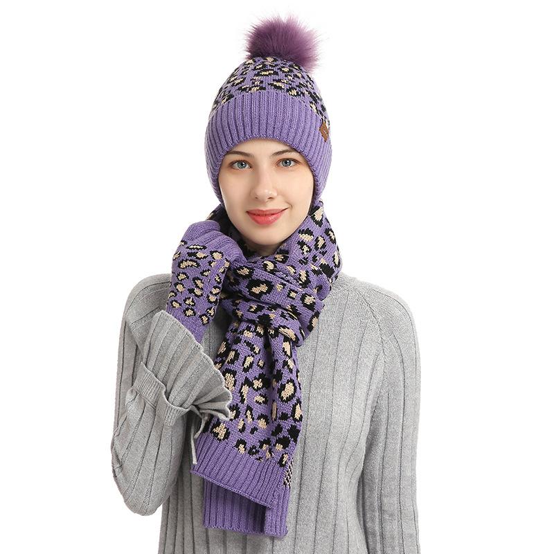 Autumn and Winter Knitted Hat Set New Women's Leopard Print Warm Wool Hat Scarf Gloves Three-piece Set