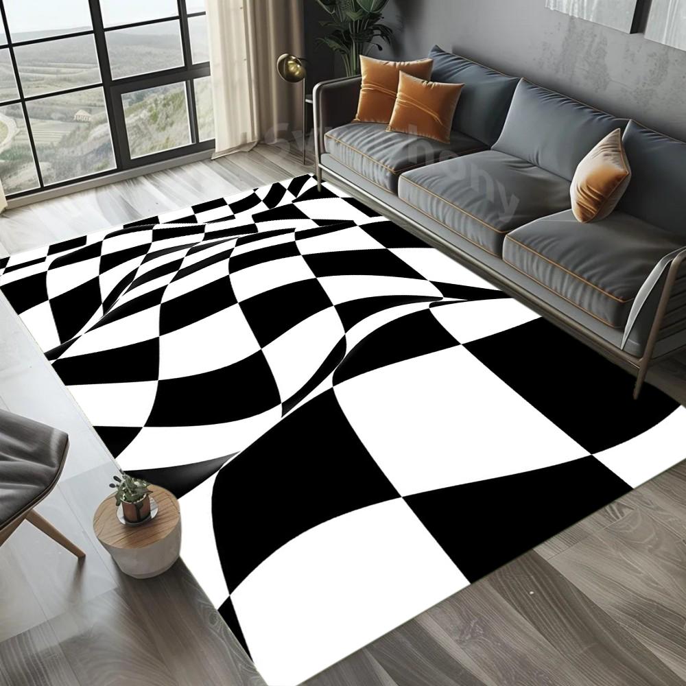 Optischer Schwarz-Weiß-Schachbrett-Teppich Kreativer Visueller Effekt Leicht zu Reinigende Bodenmatte für Wohnzimmer Spielzimmer Heimdekoration