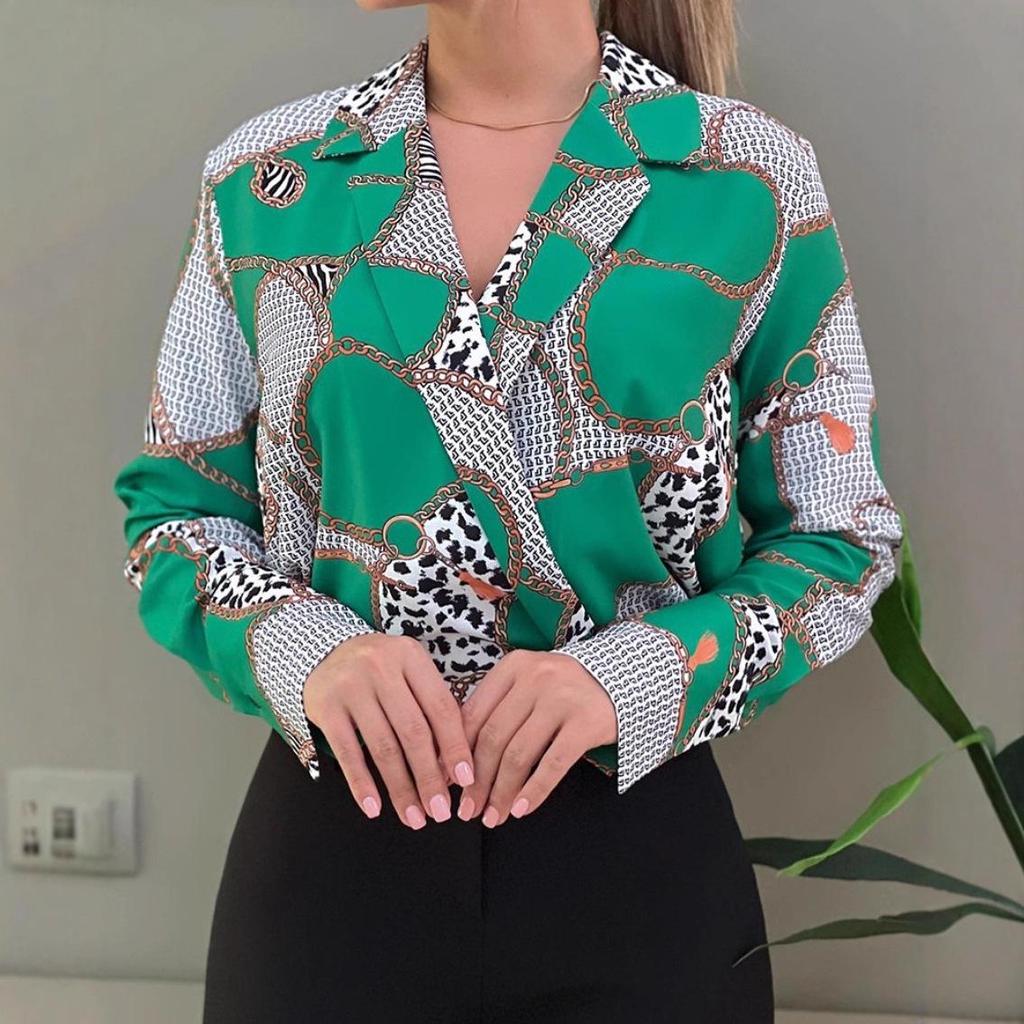 2023 Autumn V-neck Long Sleeve Printed Loose Pullover Blouse for Women
