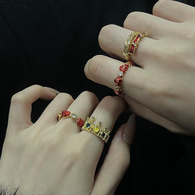 Retro Red Drip Glaze Love Open Ring Women'S Niche Light Luxury Personality High-End Sweet Cool Ring