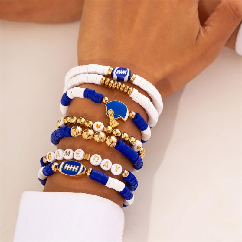 Versatile Unisex Football Charm Letter Beaded Bracelet Elastic Band Handchain for Everyday Wear Street Hand Jewelry
