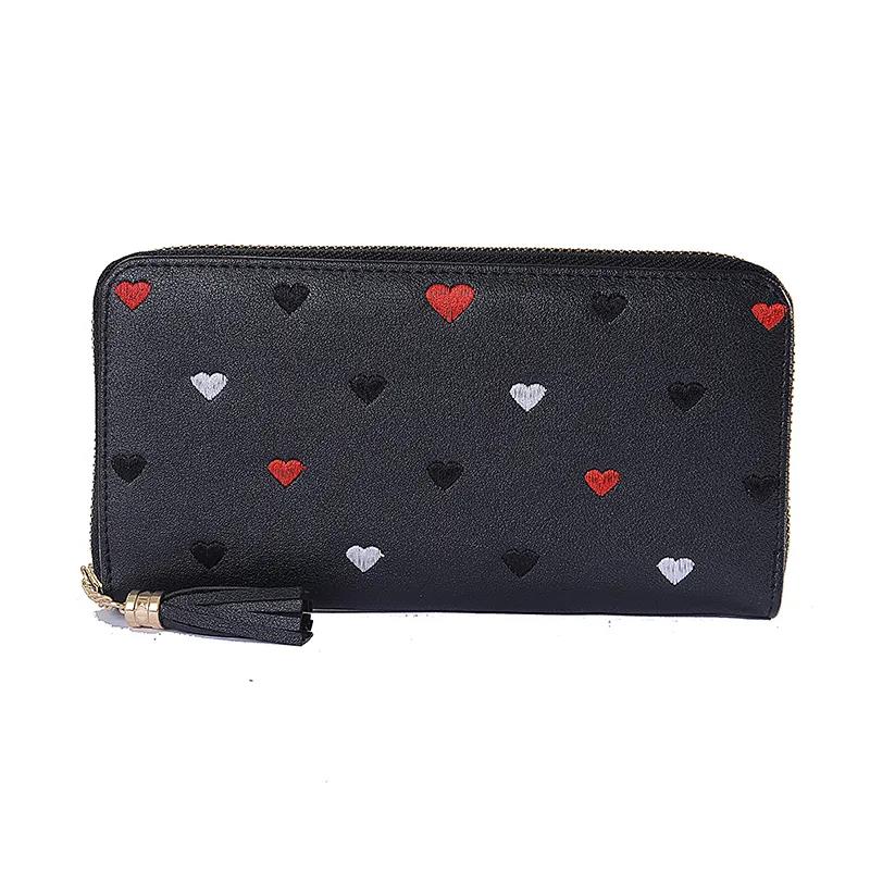 

Женский элегантный однотонный кошелек, простой кошелек на молнии, большой емкости, повседневный длинный кошелек с вышивкой в ​​форме сердца 19*9*3cm