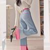 Pantaloni Dama Denim Largi cu Blocuri de Culoare Dulci și Cool, Talie Înaltă, Largi, Casual