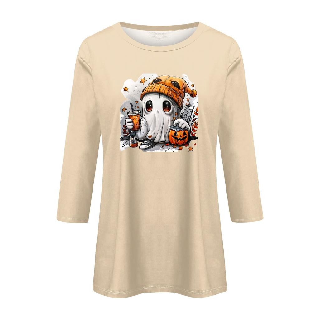Women's Fashion Casual Three-quarter Sleeve Halloween Printed Round Neck Top