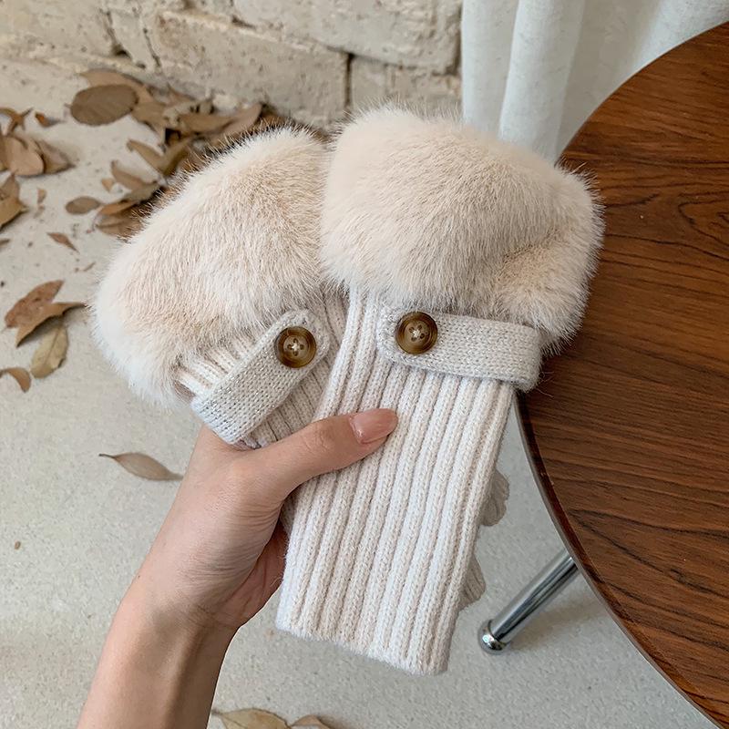 Women's Fluffy Winter Knit Gloves – Touchscreen, Half-Finger, Warm for Cycling
