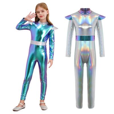 Girls Alien Cosplay Costume Long Sleeve Shiny Metallic Bodysuit Jumpsuit Role Play Party