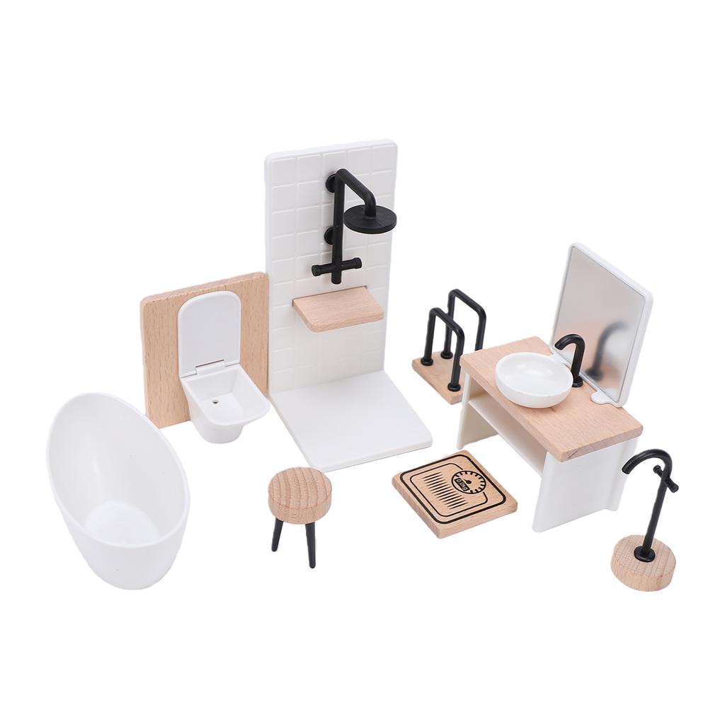 1:12 Scale Miniature Dollhouse Bathroom Set Mini Shower Room Toilet Sink Bathtub Stool Faucet Furniture Accessories