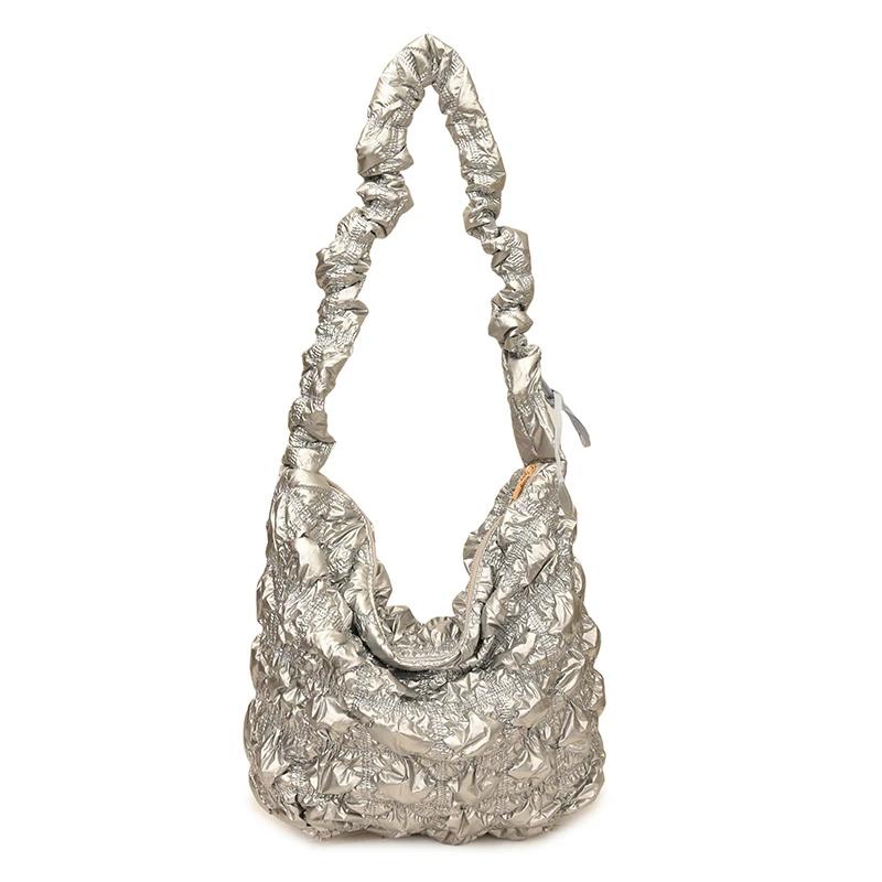 New Versatile Thread Sweet Women's Handbags Microfibersolid Color Commuting Tote Bags 2026 Plaid Ruched Shoulder Bags