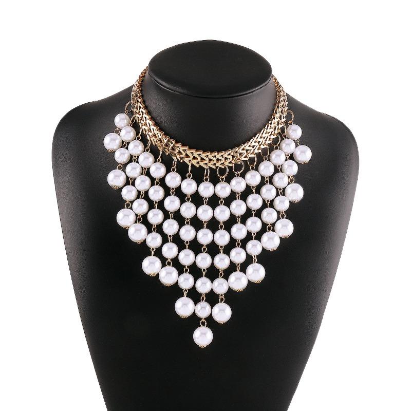 Retro Pearl Chain Fringed Necklace, Fashionable Personality Exaggerated Heavy Industry Collarbone Chain