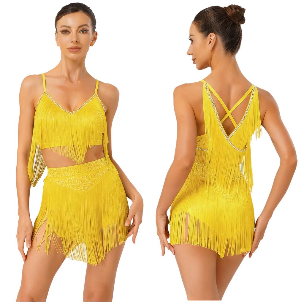 Costume da Danza Latina da Donna S-XXL: Top con Scollo a V Senza Maniche Incrociato sulla Schiena e Frange & Gonna a Strati con Nappe per Gara