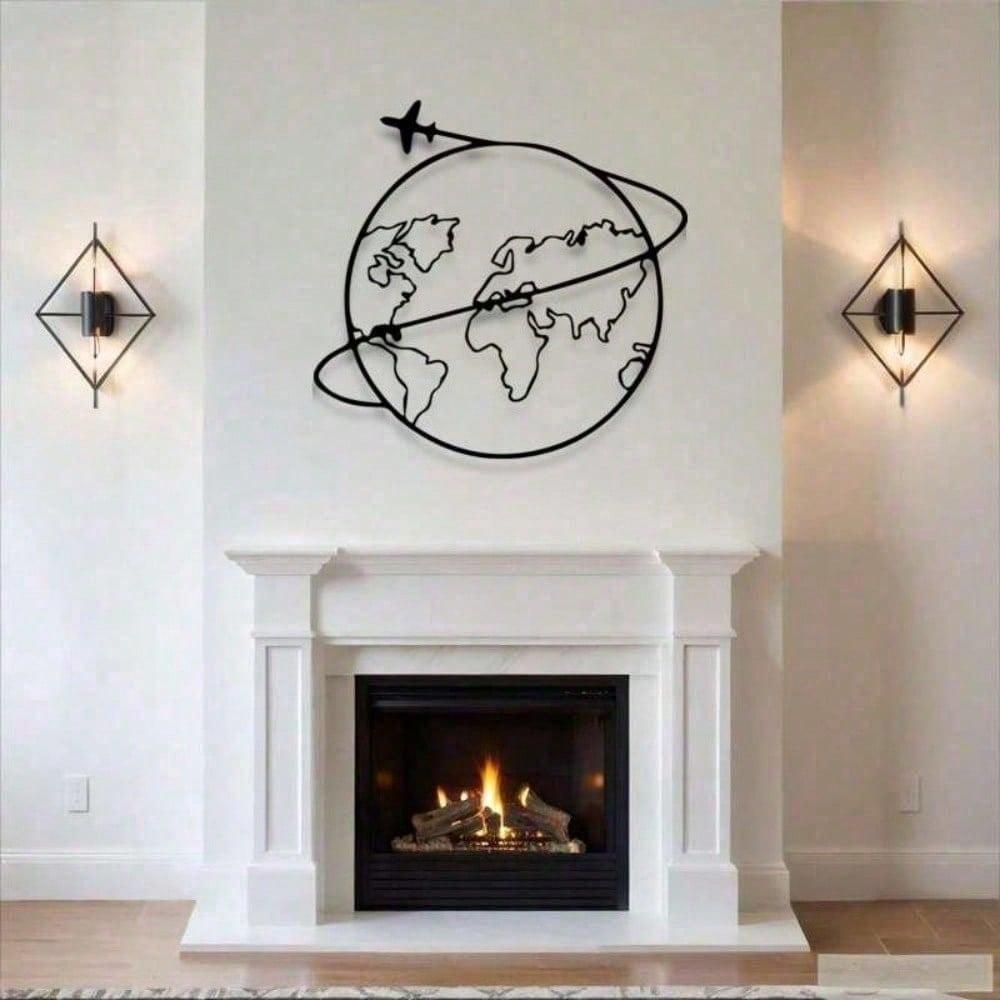 Metal World Map Wall Art Airplane Trajectory Minimalist Iron Craft Travel Theme Living Room Office Gift Travel Lovers