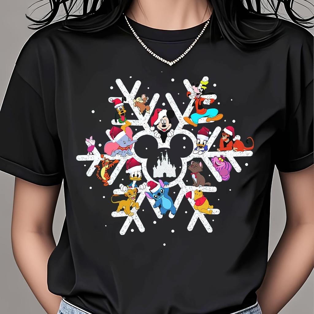 Womens Merry Christmas Mickey Mouse Pattern Tshirt Casual Short Sleeve Round Neck Top Breathable Christmas Shirt