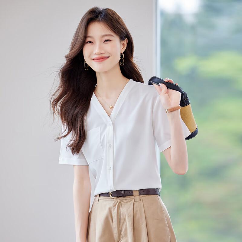 Teloroman Damen V-Ausschnitt Kurzarm Chiffonbluse