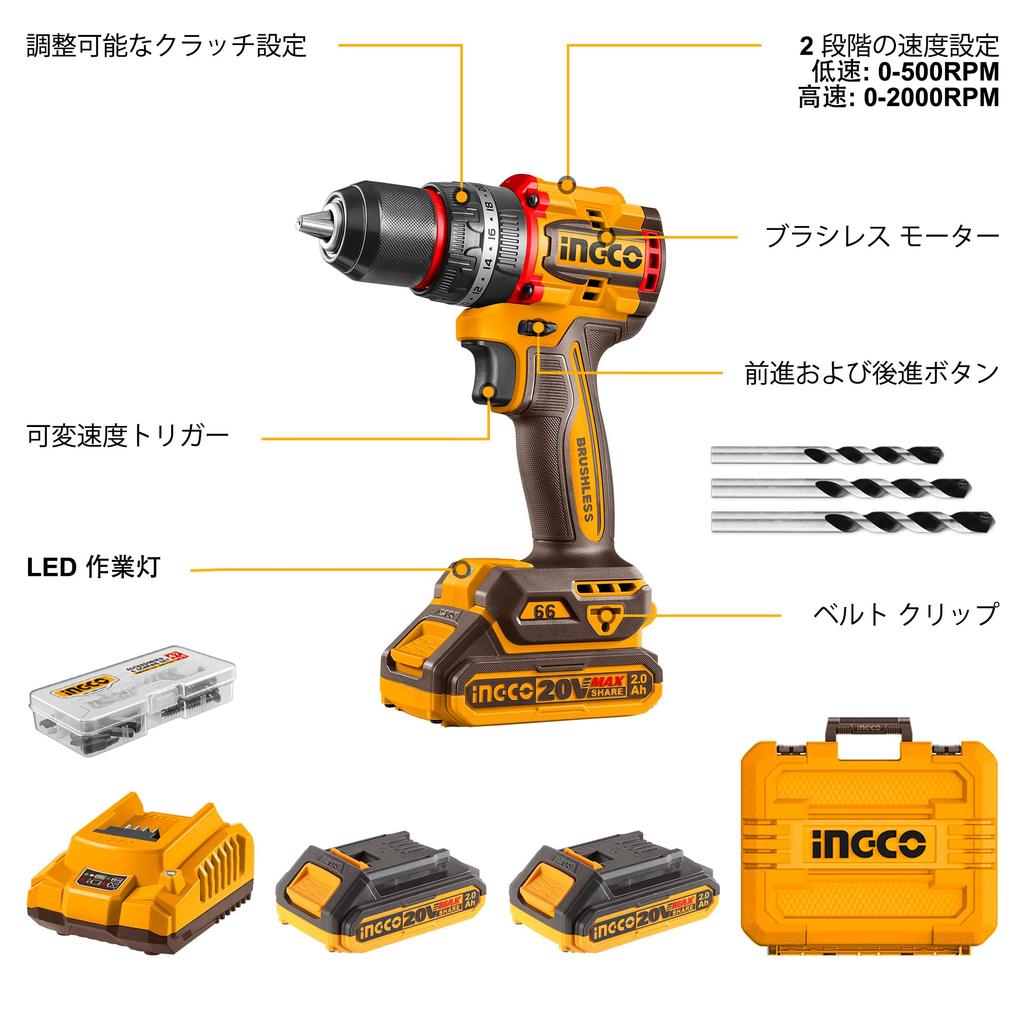 INGCO 20V Brushless Impact Drill with 66 Nm Torque 2×2.0 Ah Batteries and Charger