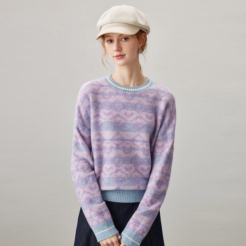 Komonboka Women's 100% Cashmere Crewneck Jacquard Knit Sweater