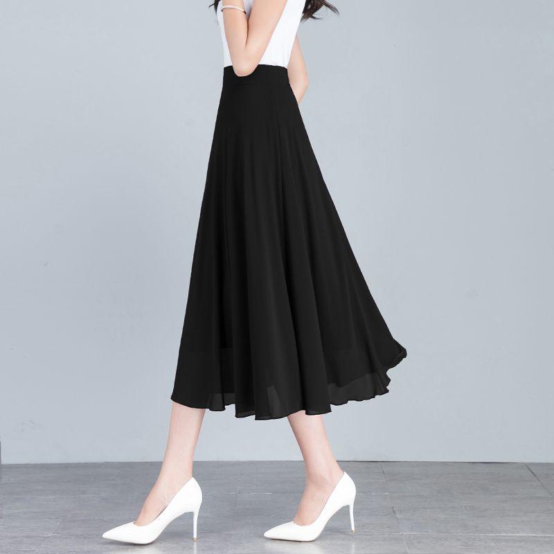 Sommer Neuer Einfarbiger Hellbrauner Chiffonrock Mittellang A-Linie Großer Schwung Damenrock Knielanger Rock