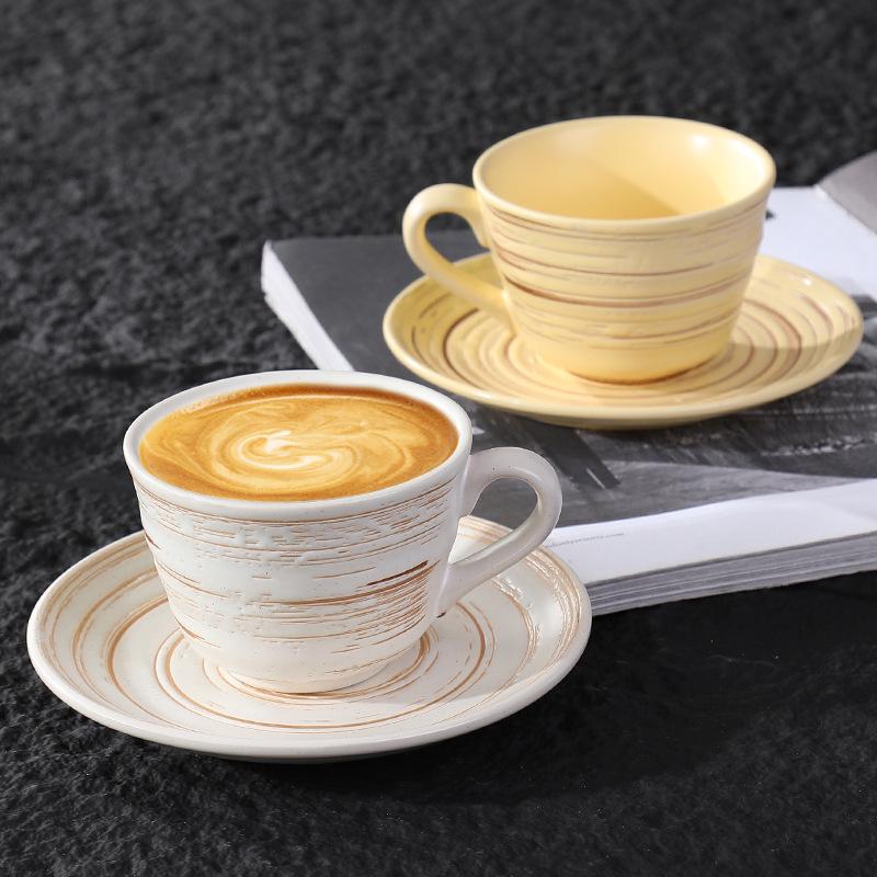 Embossed Ceramic Coffee Cup & Saucer with Brushed Texture - Perfect for Office and Tea Time