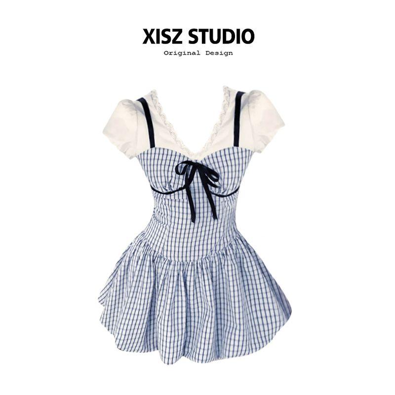 

Sweet and Youthful Bow-Tie Faux Two-Piece V-Neck Dress for Women, Summer Design, Petite Waist-Cinching A-Line Short Skirt Blue Plaid Fake Two-Piece Dress [High Quality] M