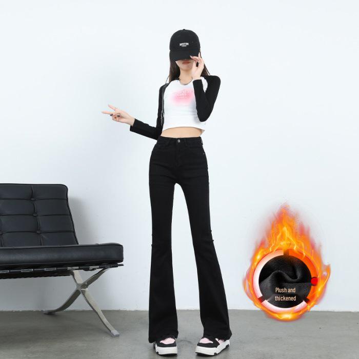 Women's Dark Color Elastic Micro Flare Jeans - Autumn Winter Plus Size, Velvet Lined, Slimming for Pear Shape, Bell Bottom Pants