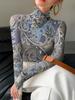 Ladies' Elegant Floral Print Long-sleeved Turtleneck, Polyester, Machine Washable