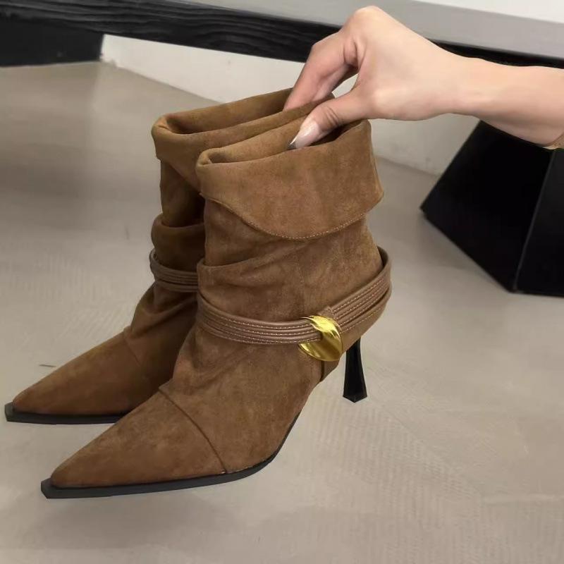 

European and American style new high-heeled pointed-tipped pleated suede piled boots metal buckle strap one-pedal fashion women s boots short boots 39