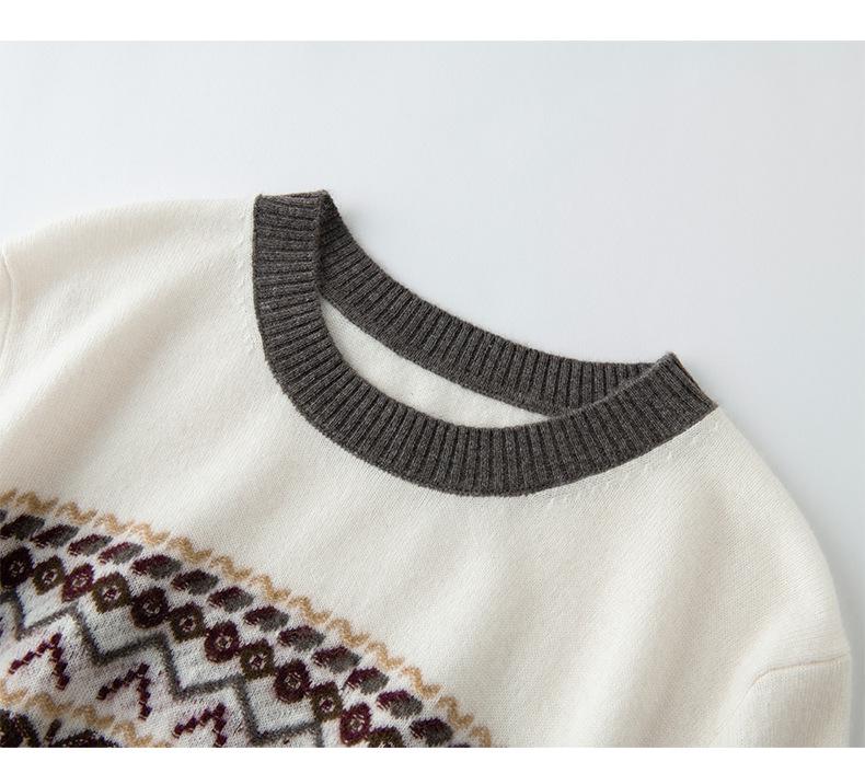 New Jacquard Cashmere Fair Isle Color Block Pullover with Five-Point Sleeves - Perfect for Autumn and Winter